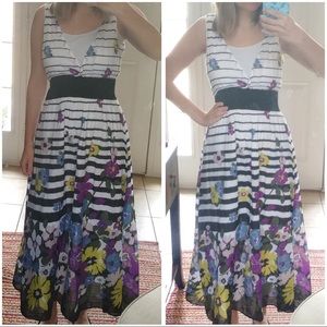 Floral & Stripped Maxi Dress w/ Elastic Waistband